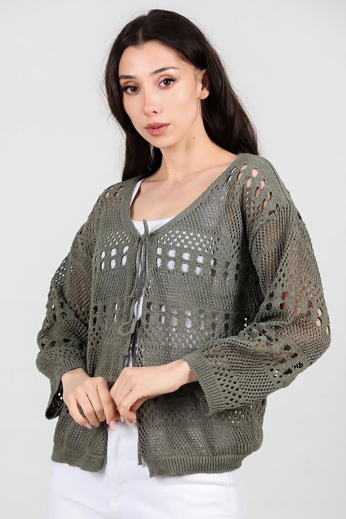 Kadın Önü Bağlamalı Hırka Haki