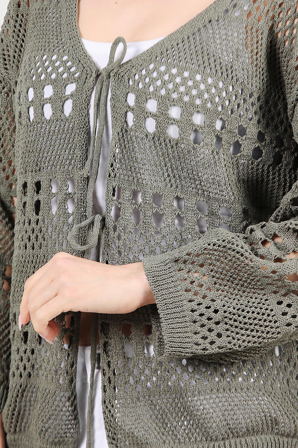 Kadın Önü Bağlamalı Hırka Haki