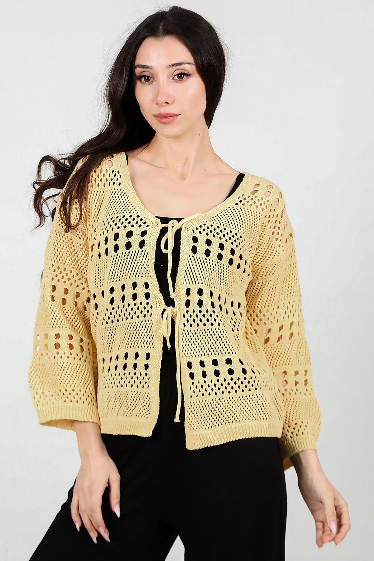 Kadın Önü Bağlamalı Hırka Sarı