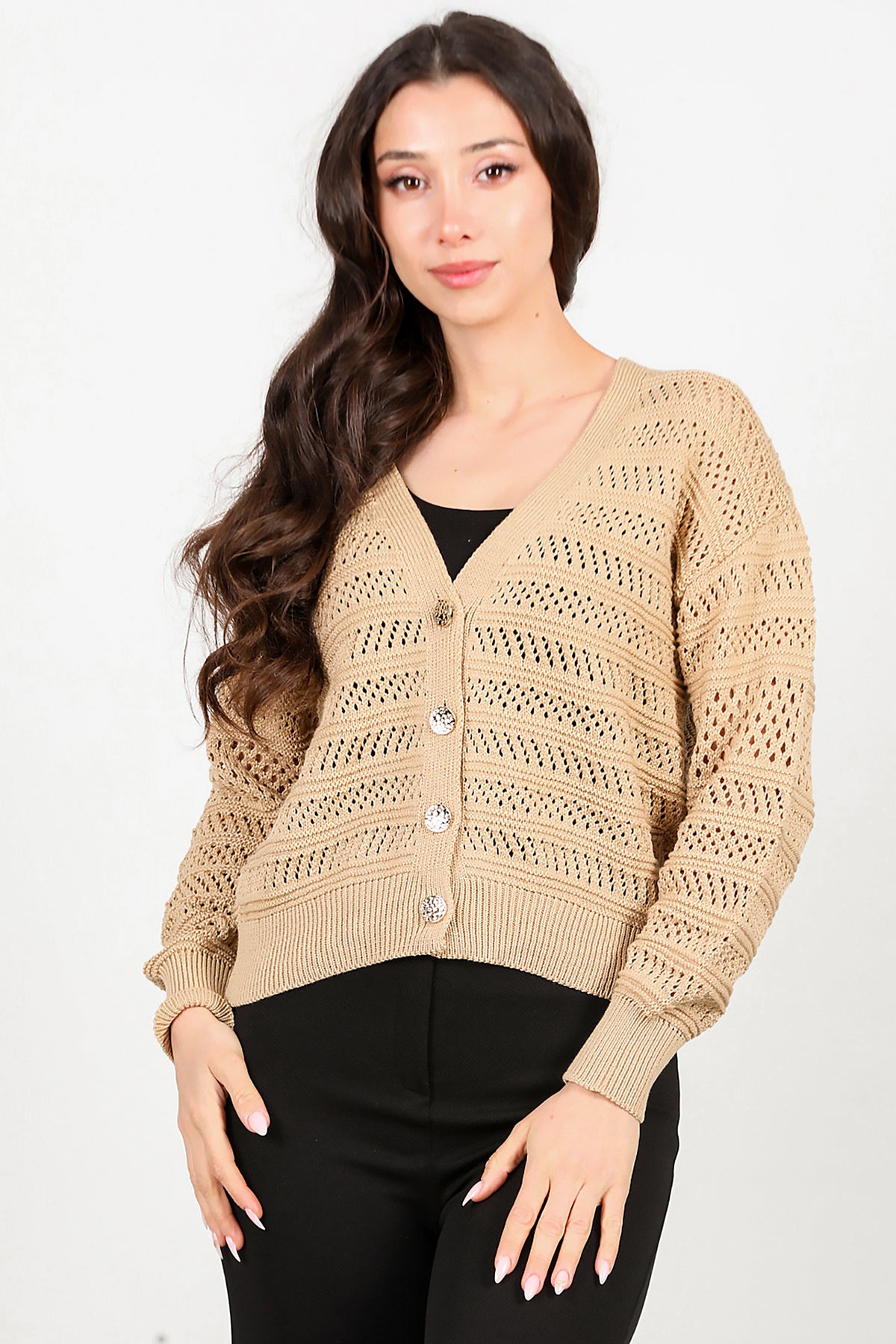 Kadın Ön Düğmeli Hırka Bej