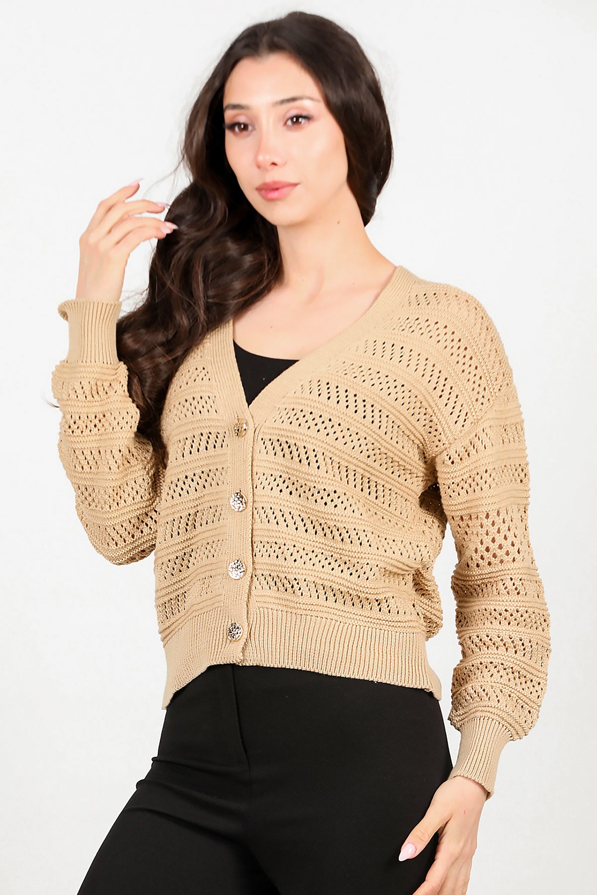 Kadın Ön Düğmeli Hırka Bej