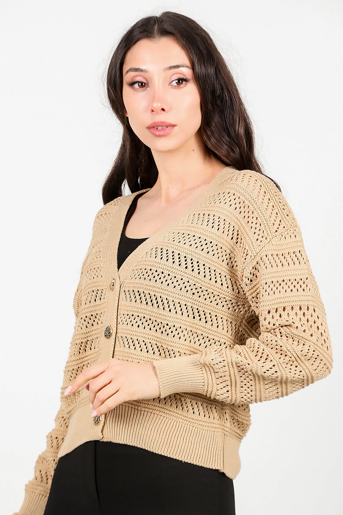 Kadın Ön Düğmeli Hırka Bej