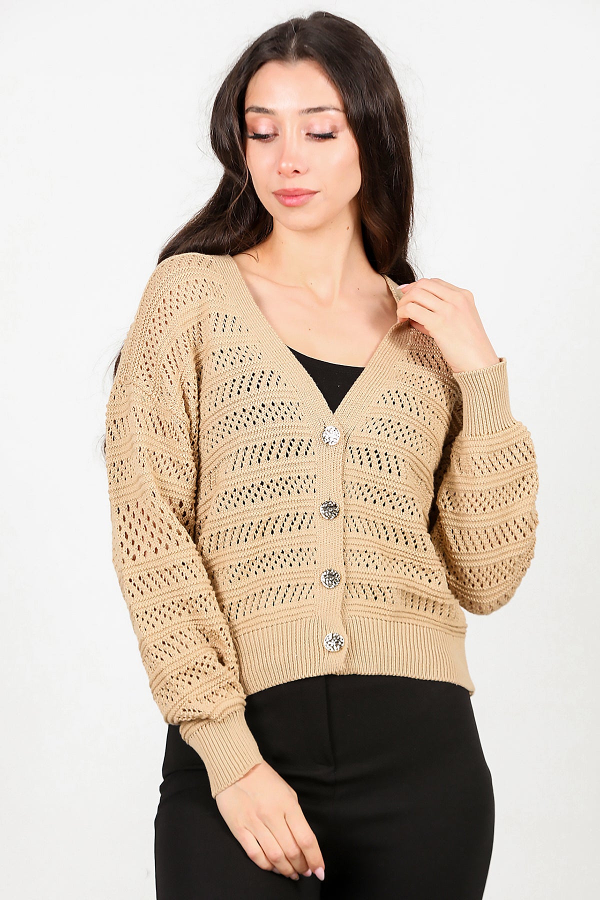 Kadın Ön Düğmeli Hırka Bej