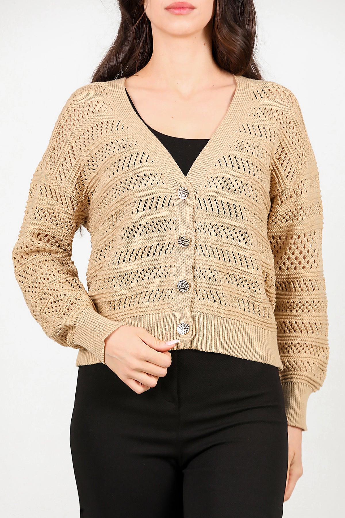 Kadın Ön Düğmeli Hırka Bej