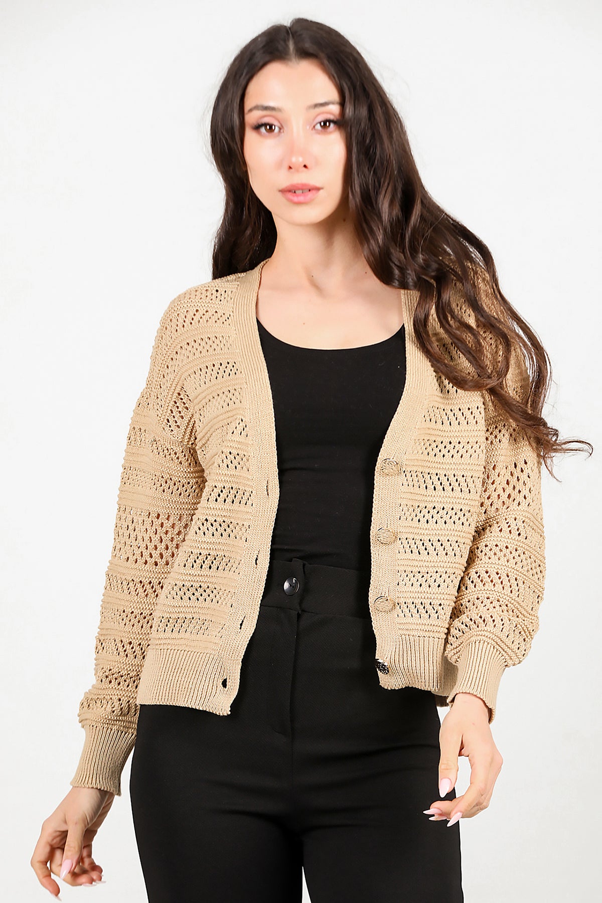 Kadın Ön Düğmeli Hırka Bej