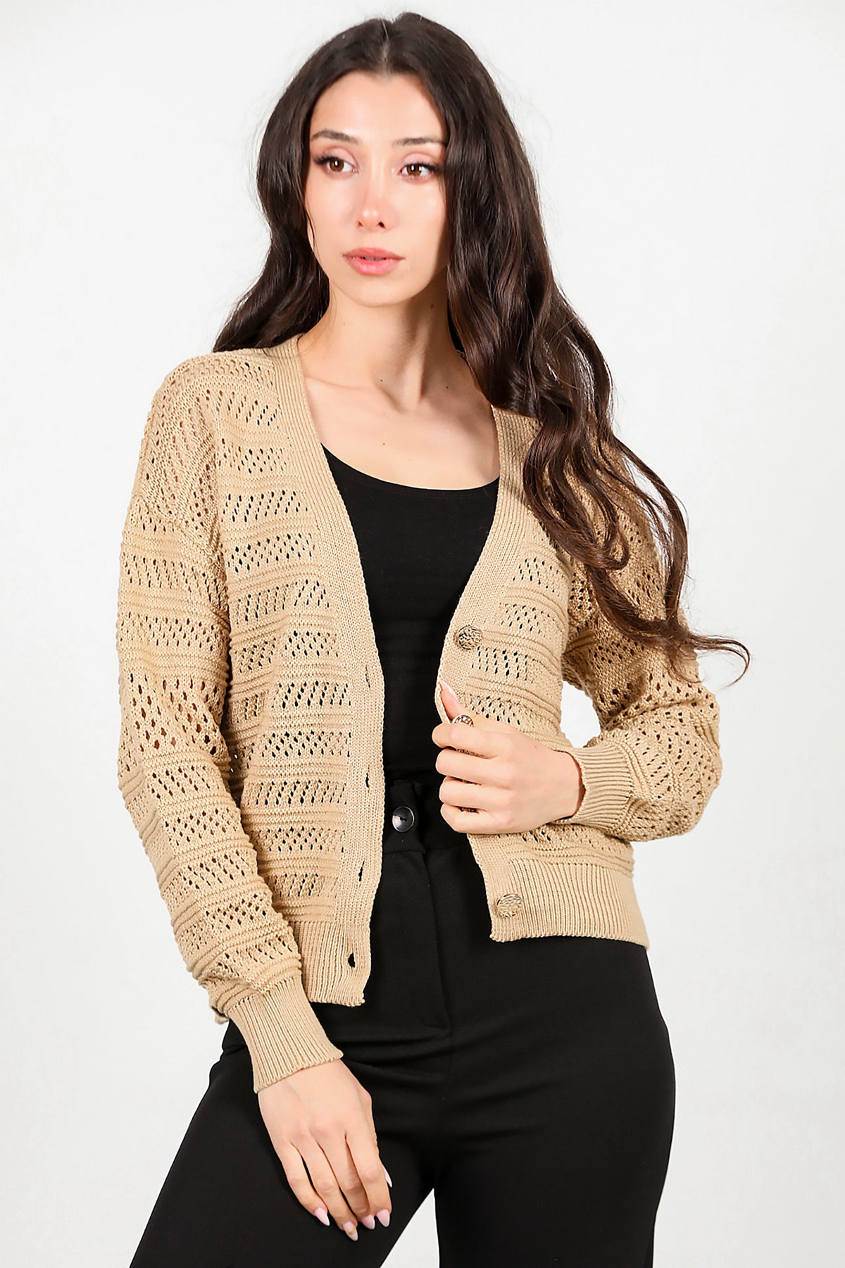 Kadın Ön Düğmeli Hırka Bej