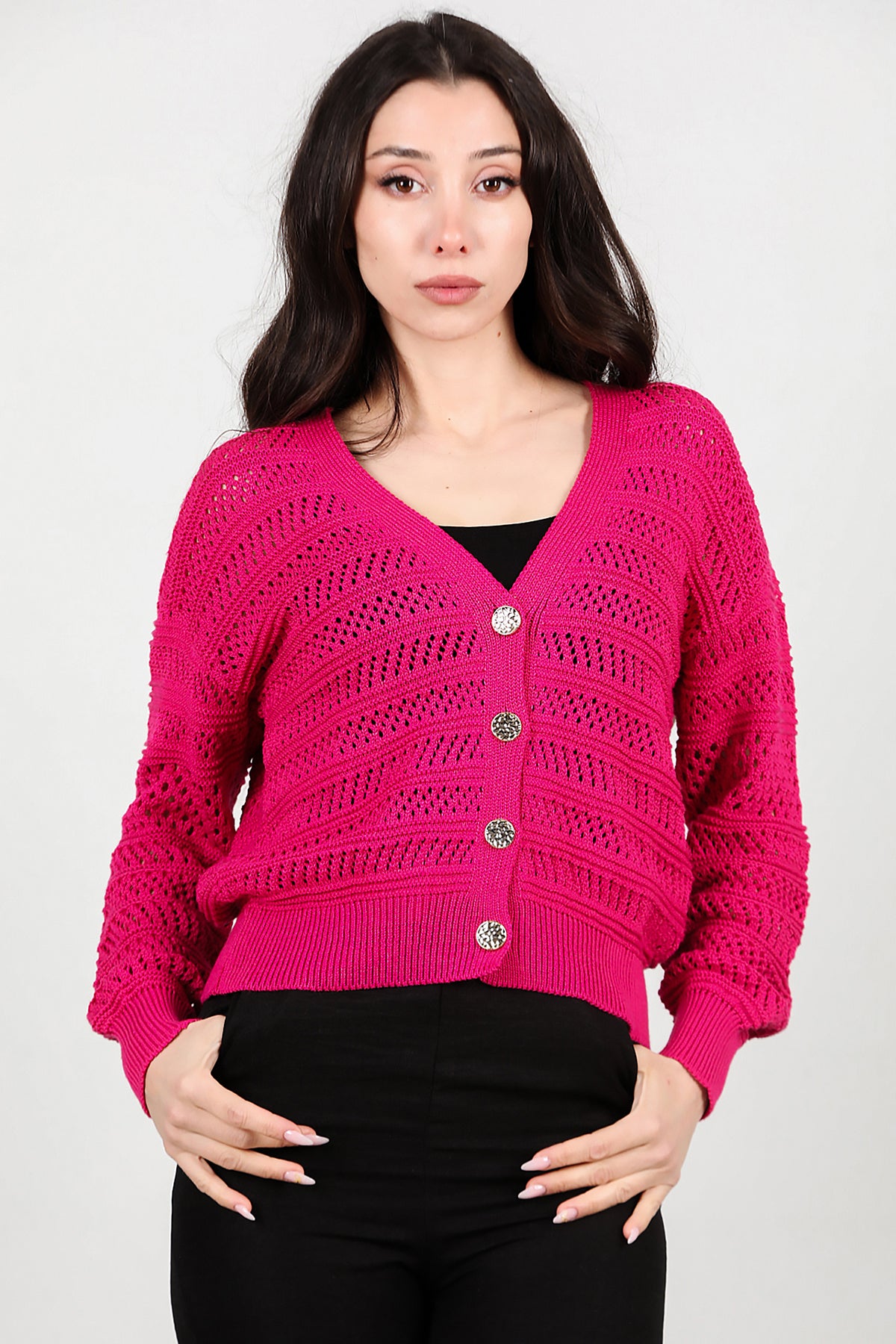 Kadın Ön Düğmeli Hırka Fuşya