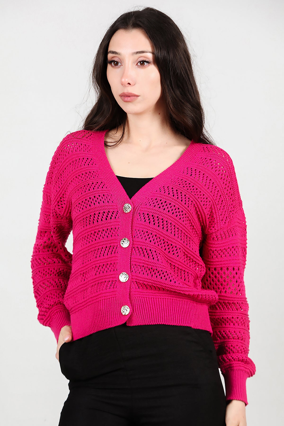 Kadın Ön Düğmeli Hırka Fuşya