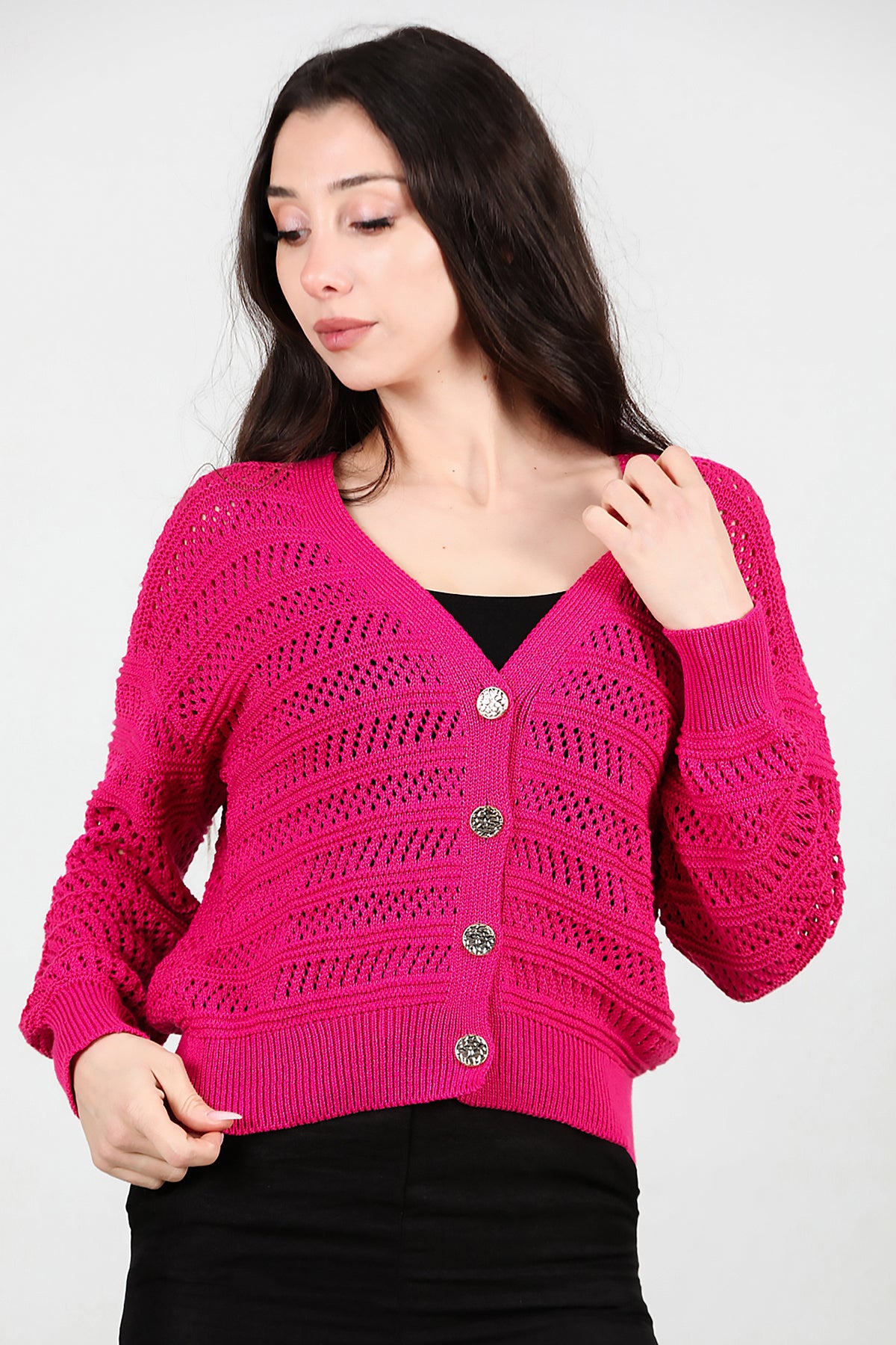 Kadın Ön Düğmeli Hırka Fuşya