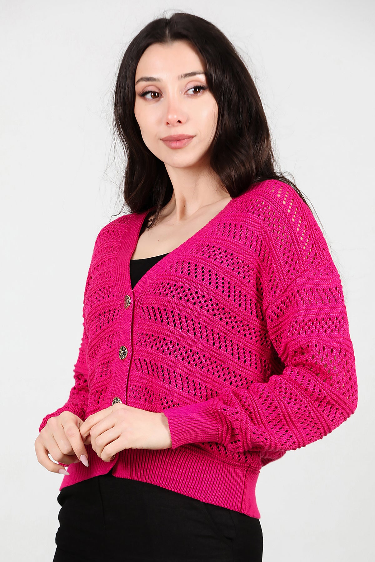 Kadın Ön Düğmeli Hırka Fuşya