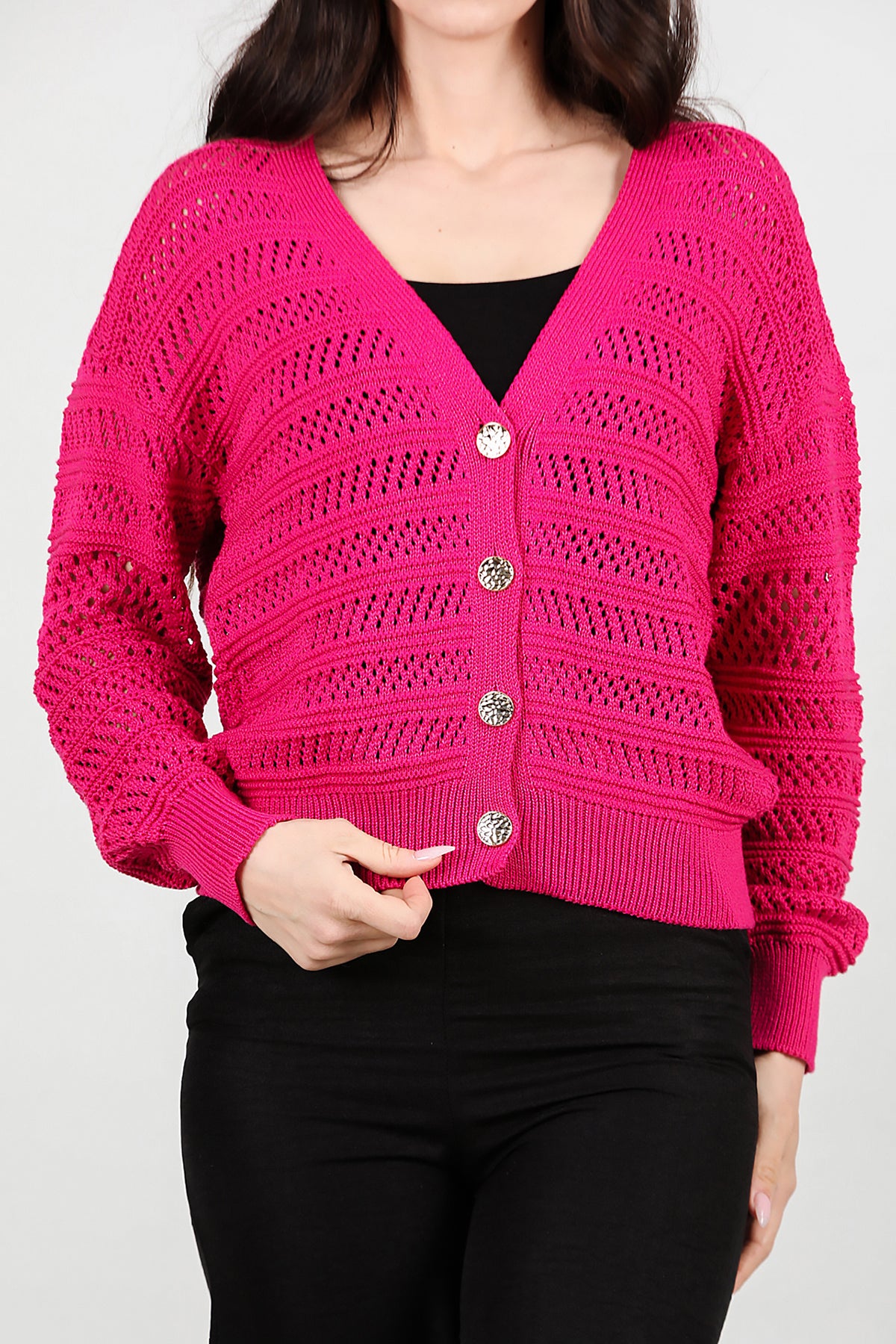 Kadın Ön Düğmeli Hırka Fuşya