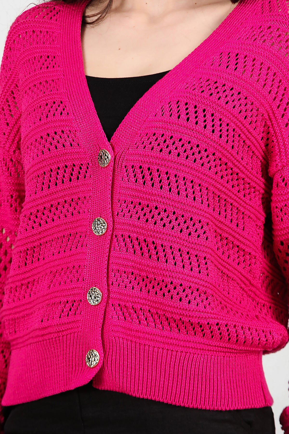 Kadın Ön Düğmeli Hırka Fuşya