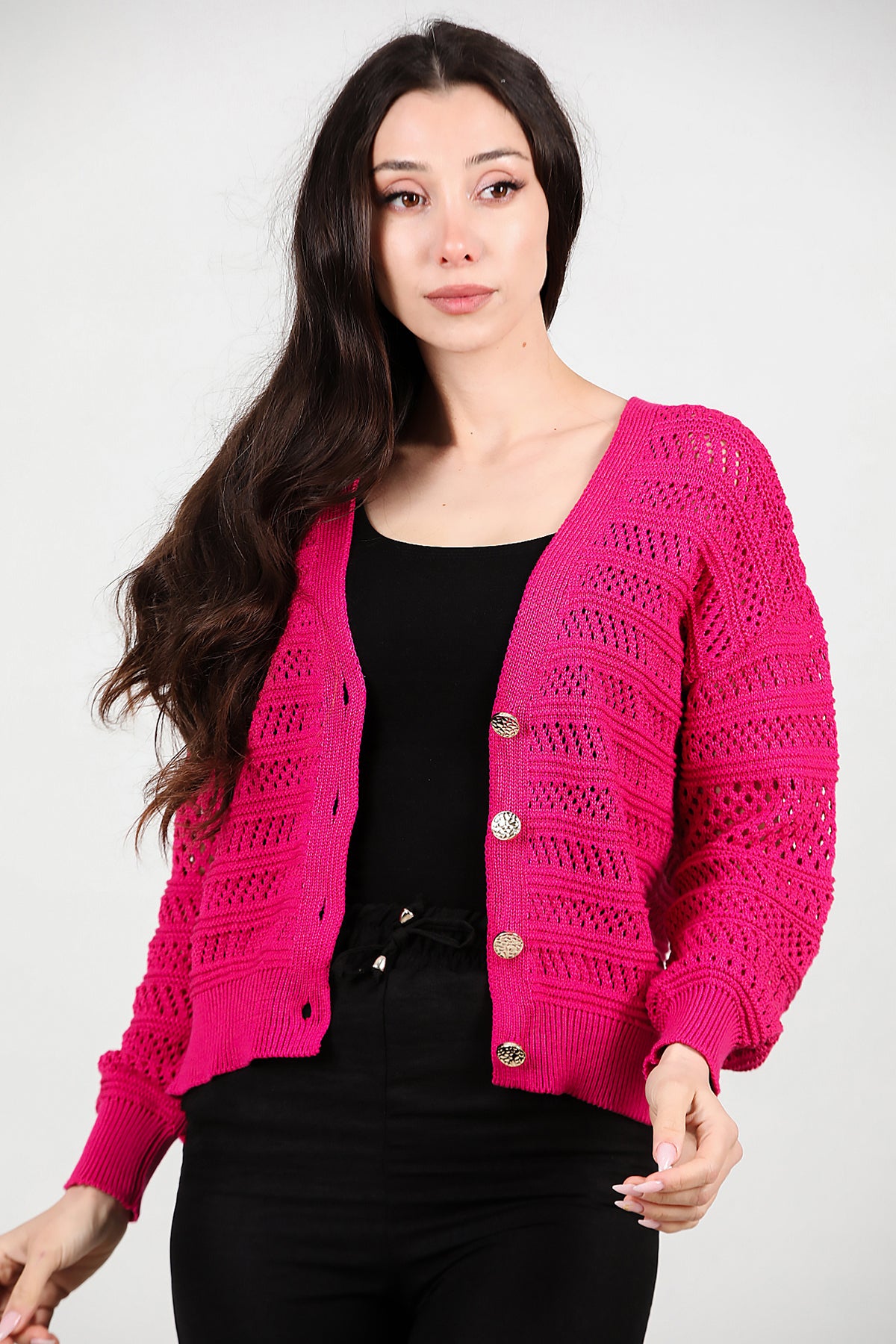 Kadın Ön Düğmeli Hırka Fuşya