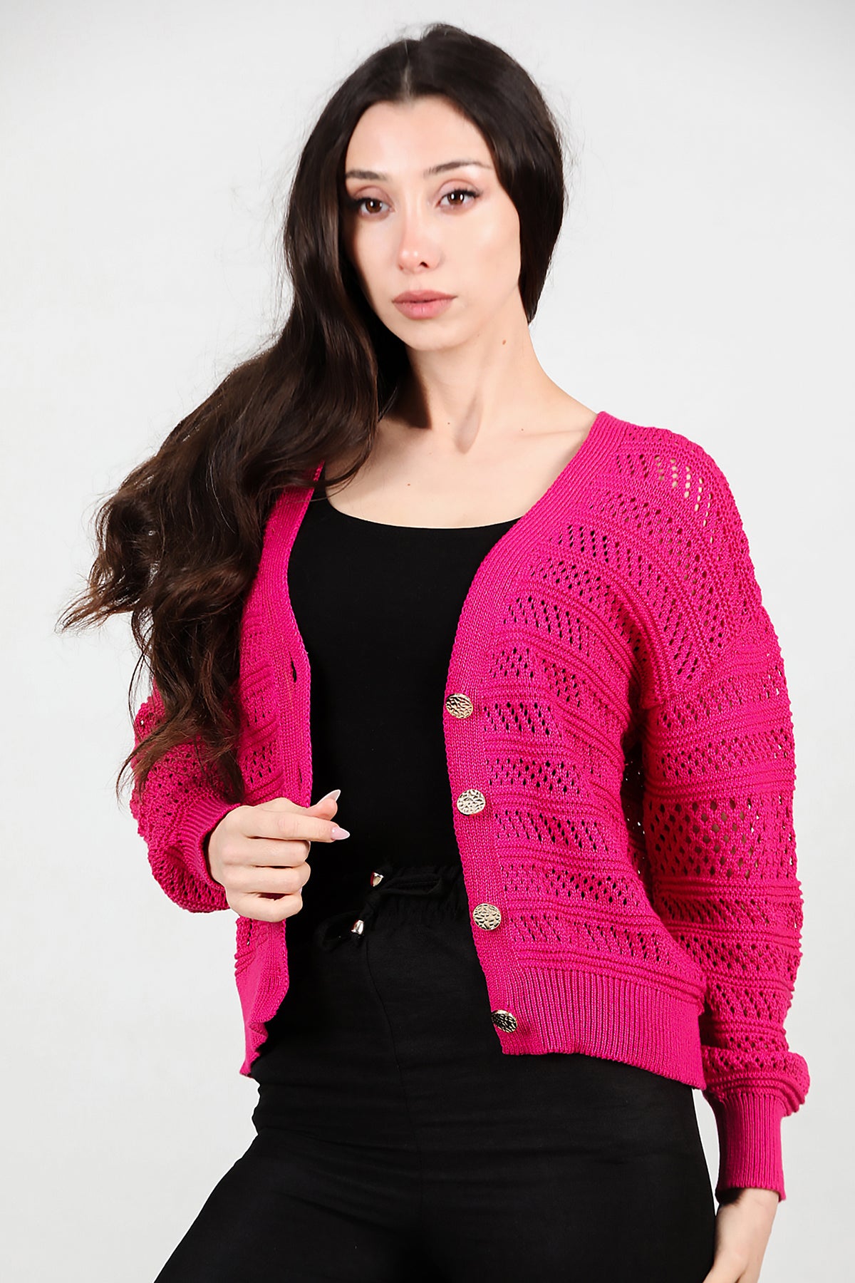 Kadın Ön Düğmeli Hırka Fuşya