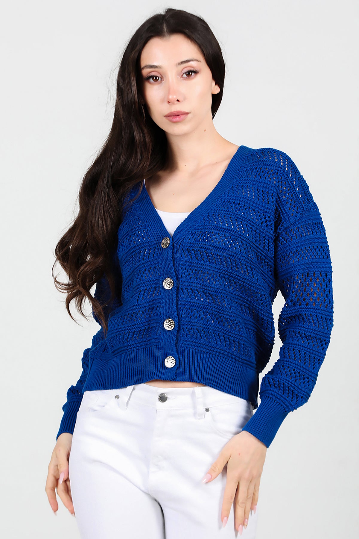 Kadın Ön Düğmeli Hırka Saks