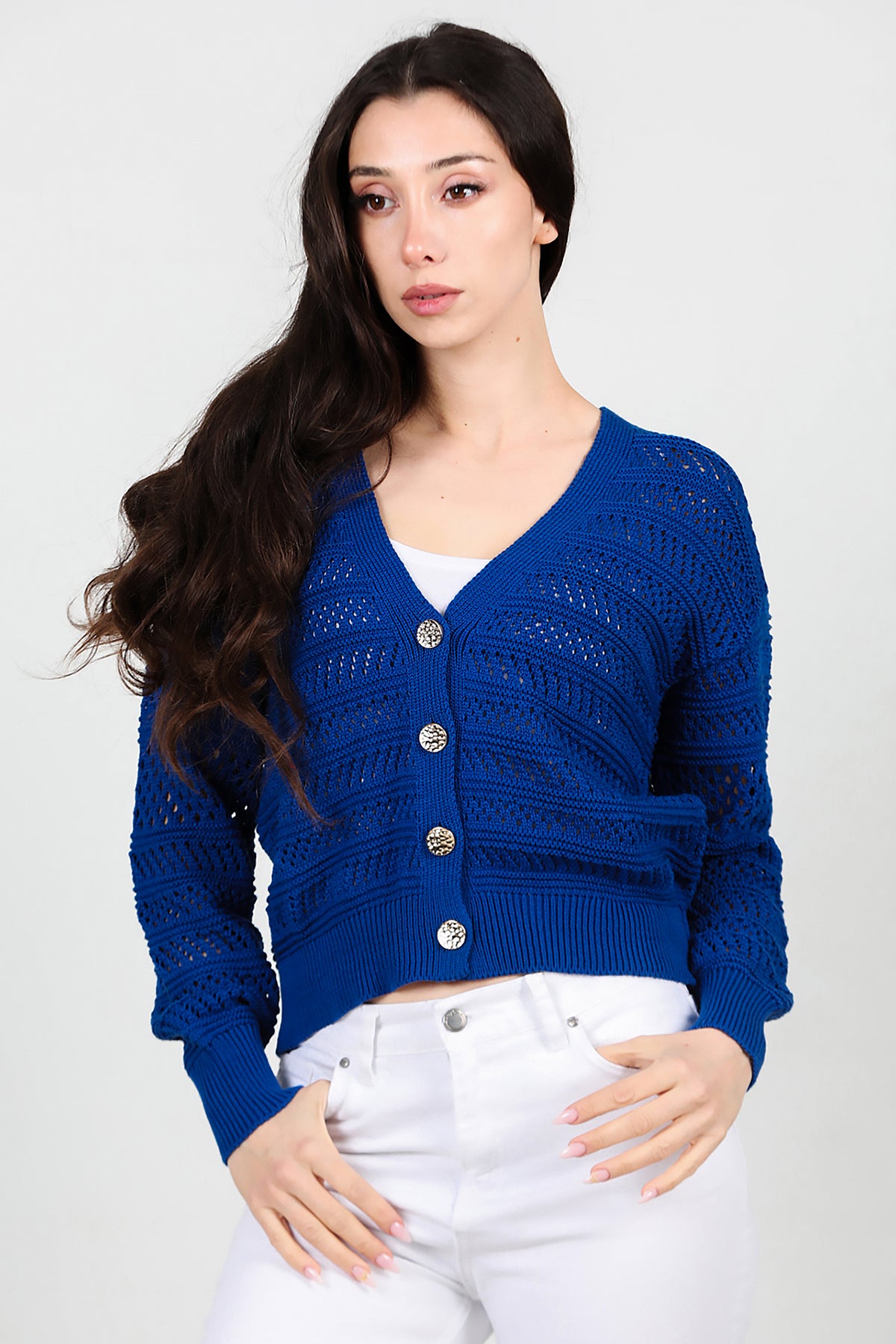 Kadın Ön Düğmeli Hırka Saks