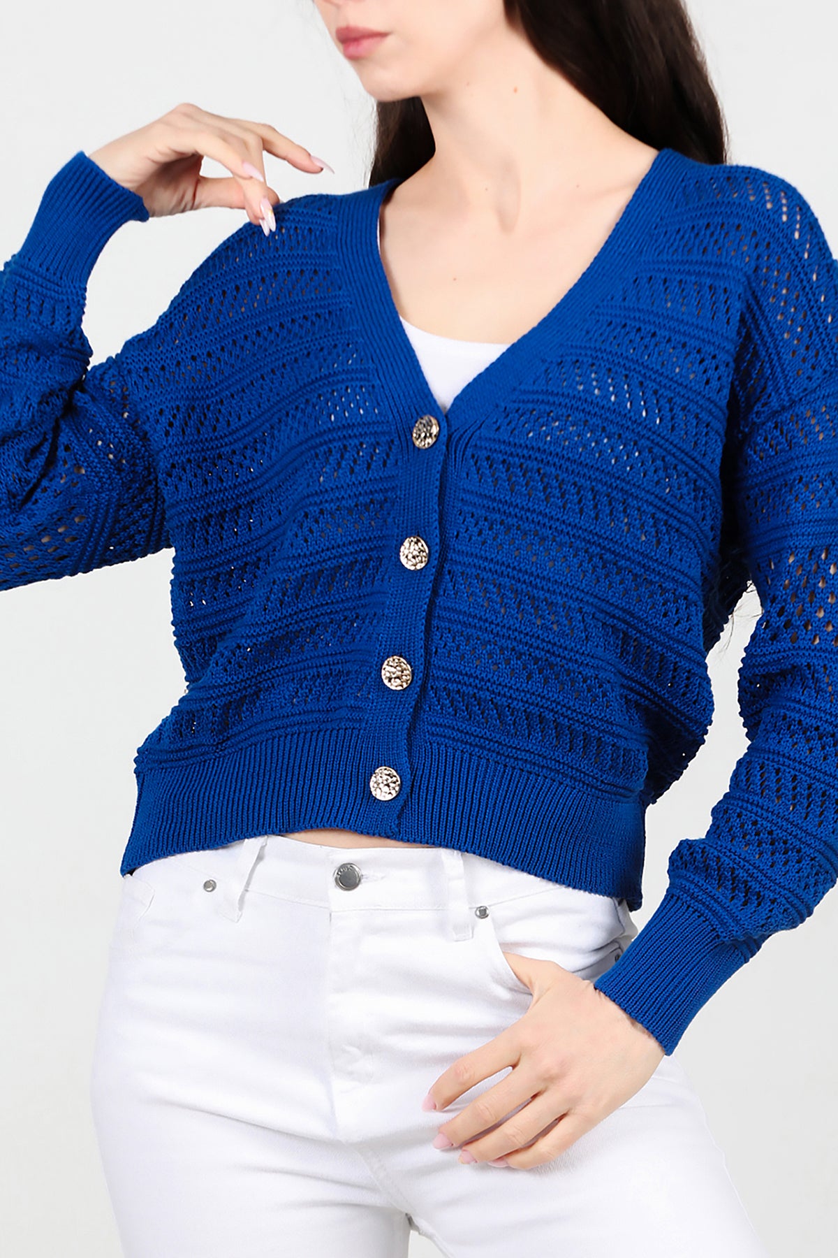 Kadın Ön Düğmeli Hırka Saks