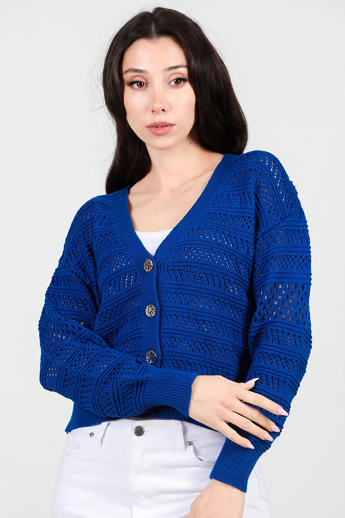 Kadın Ön Düğmeli Hırka Saks