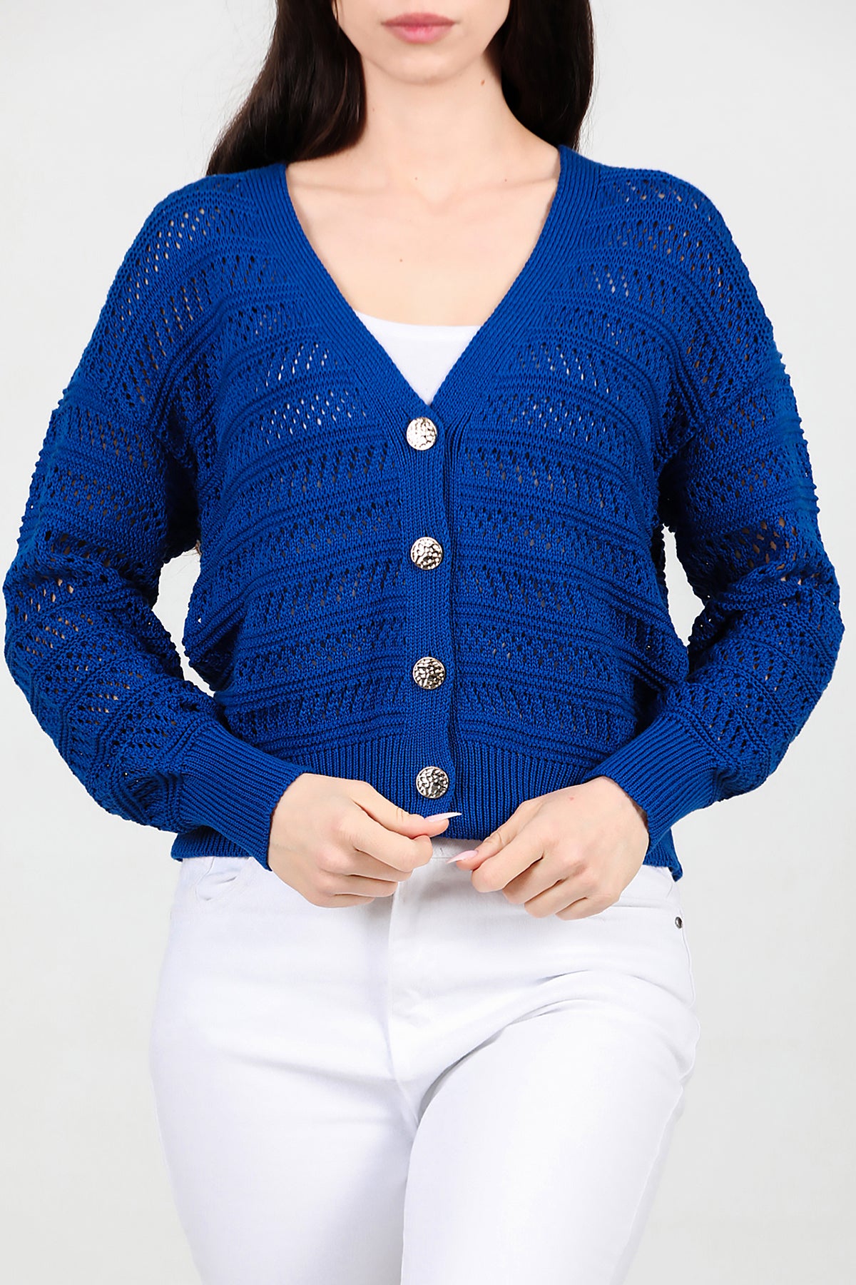 Kadın Ön Düğmeli Hırka Saks