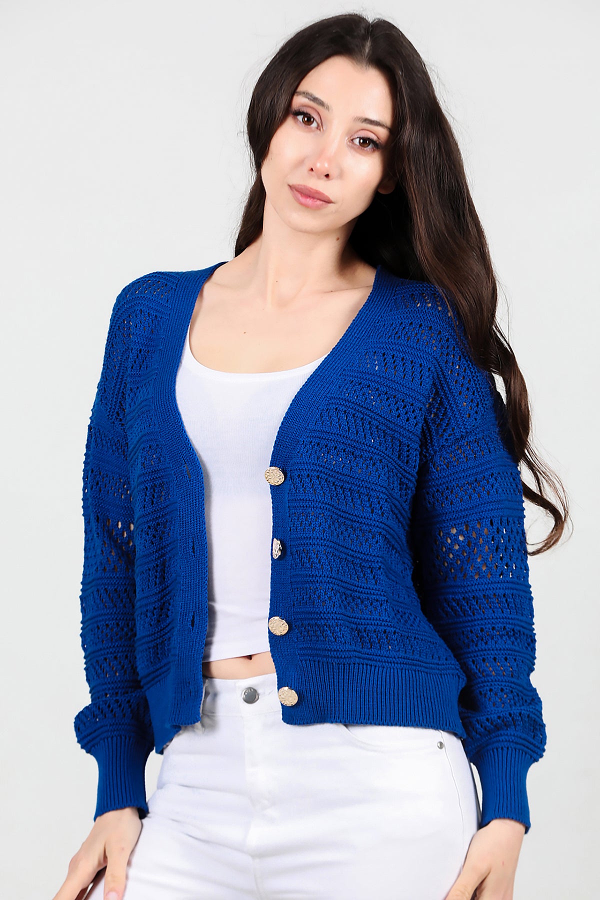 Kadın Ön Düğmeli Hırka Saks