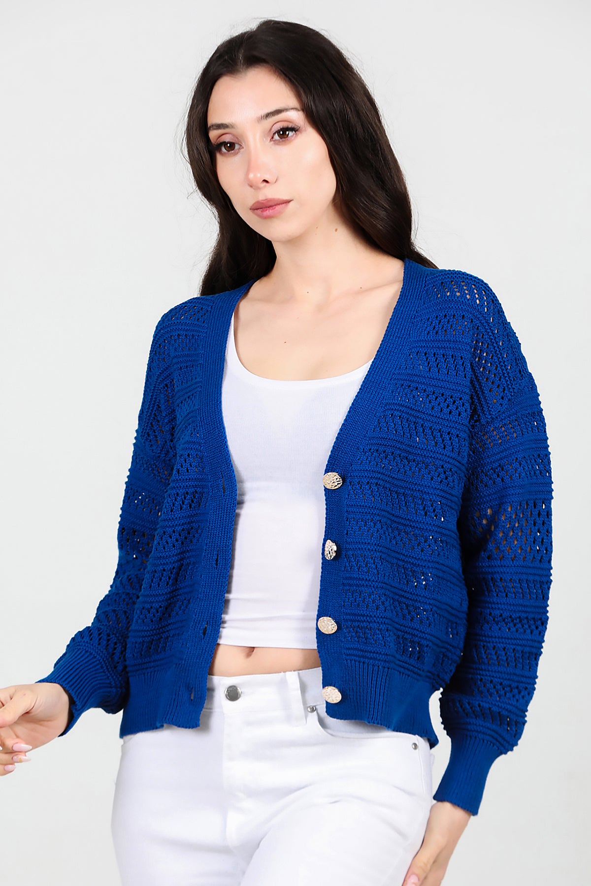 Kadın Ön Düğmeli Hırka Saks