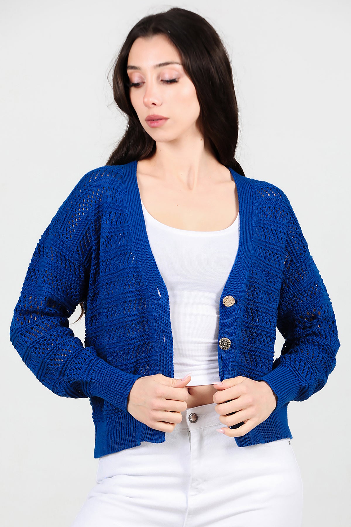 Kadın Ön Düğmeli Hırka Saks