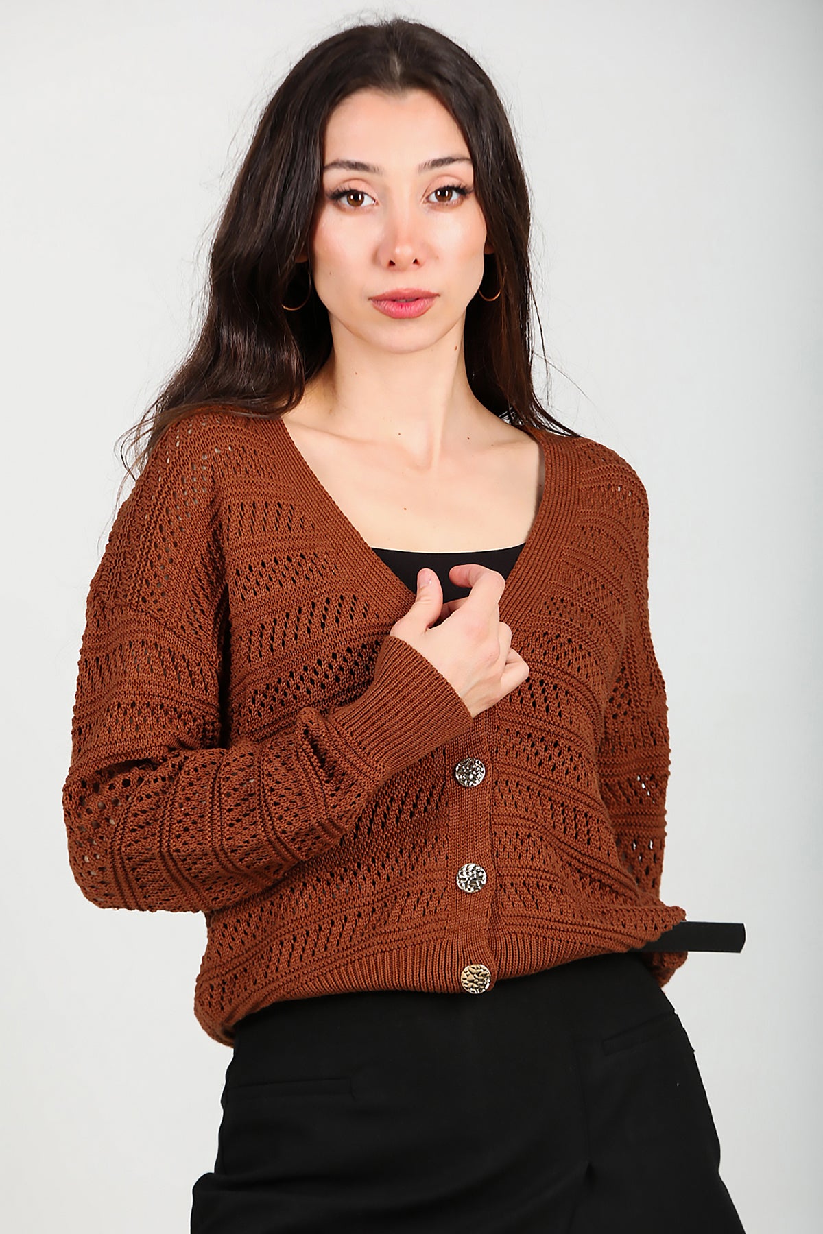 Kadın Ön Düğmeli Hırka Taba