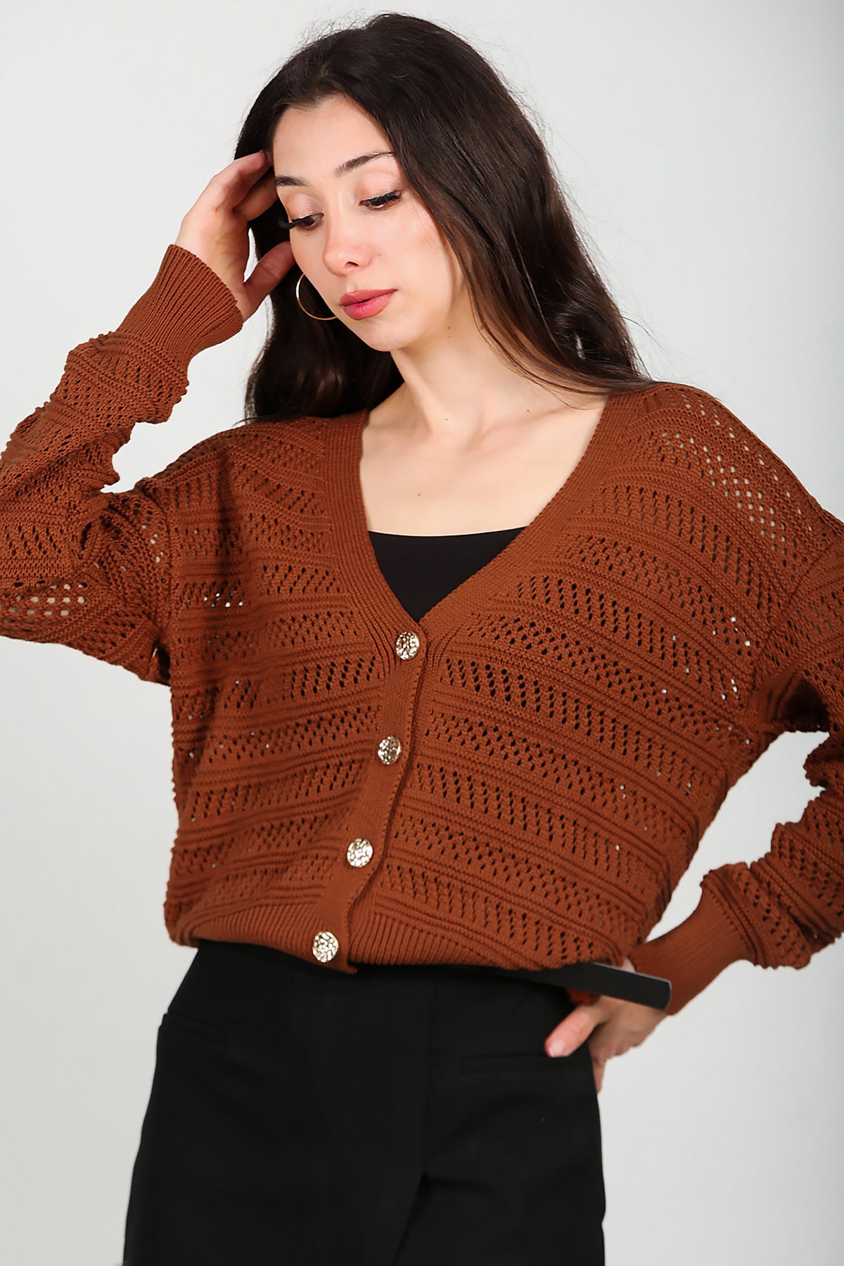 Kadın Ön Düğmeli Hırka Taba