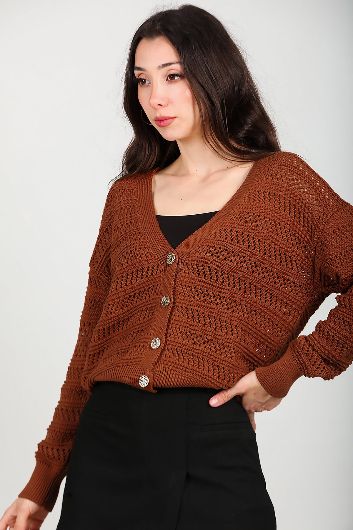 Kadın Ön Düğmeli Hırka Taba