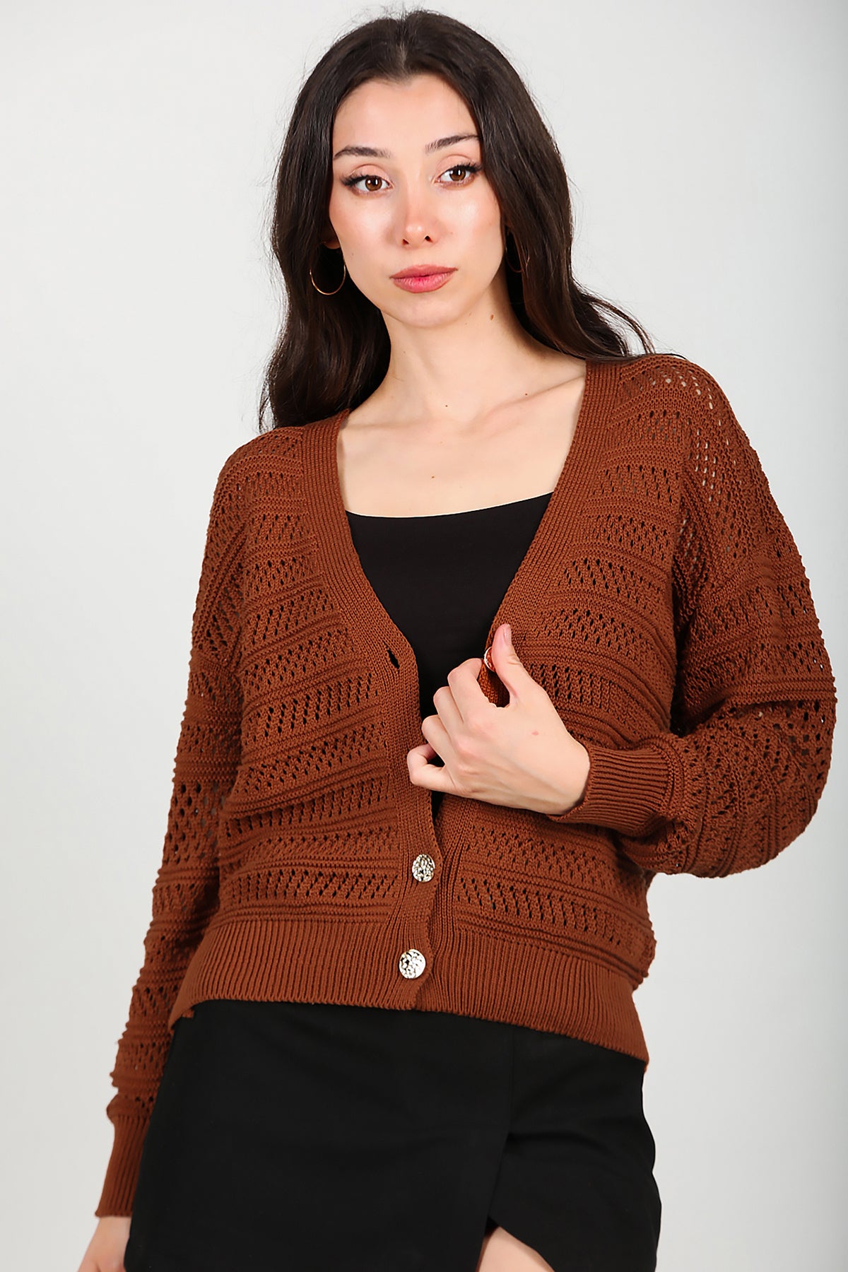 Kadın Ön Düğmeli Hırka Taba