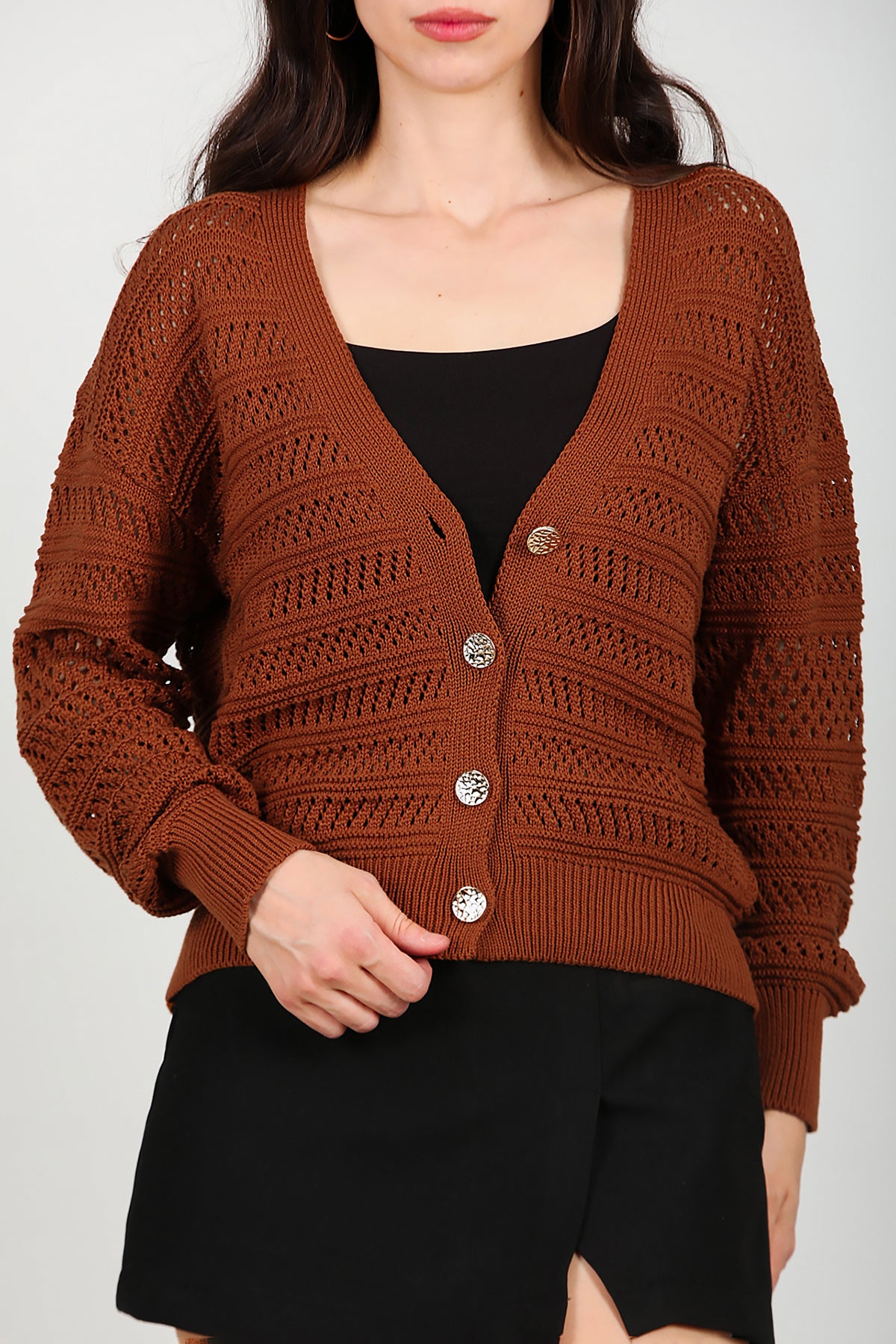 Kadın Ön Düğmeli Hırka Taba