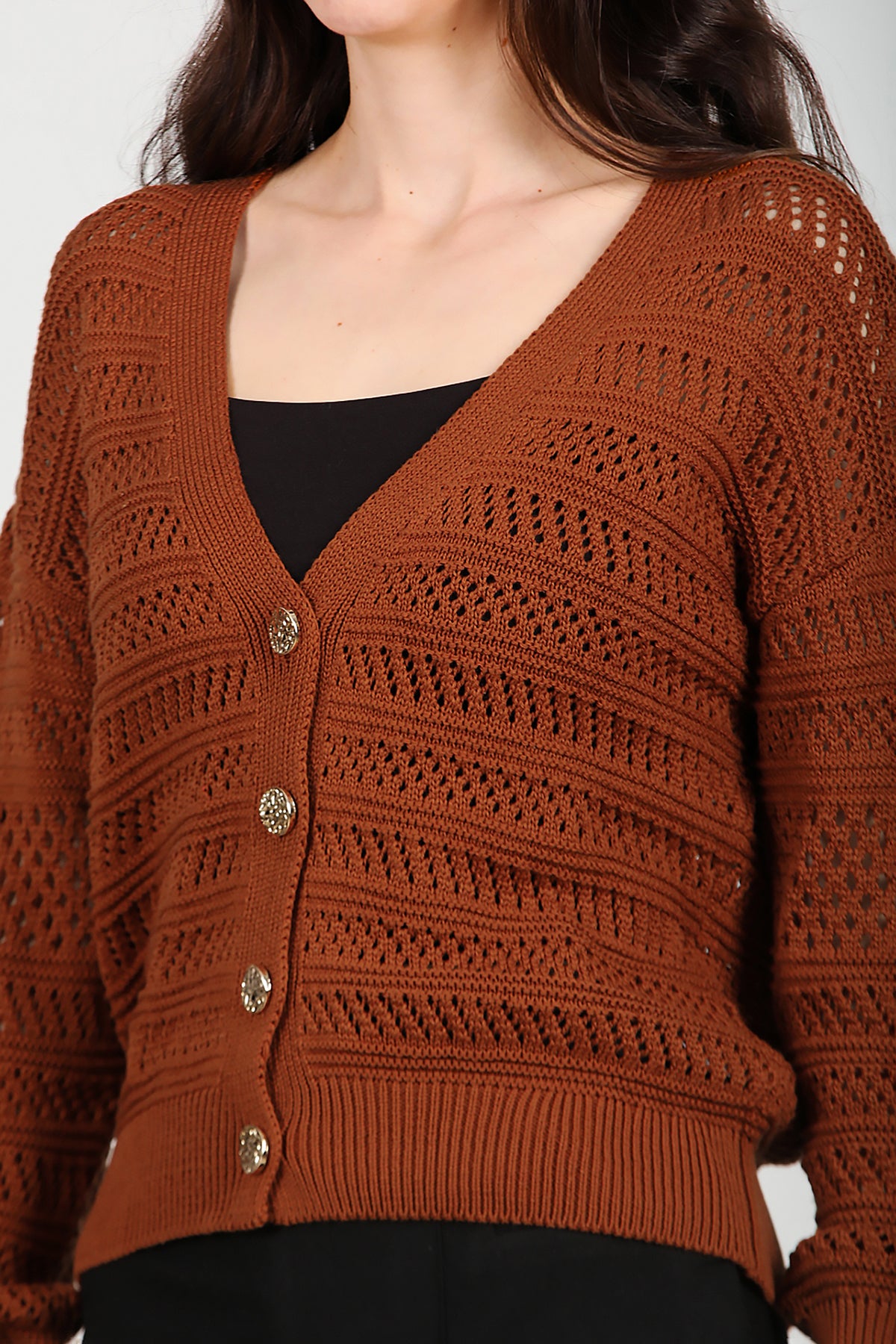 Kadın Ön Düğmeli Hırka Taba