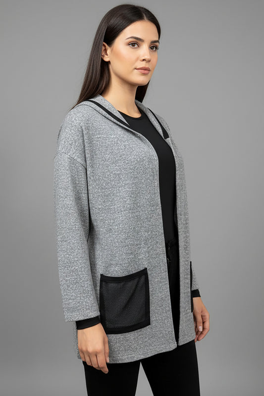 Büyük Beden Yumoş Kapşonlu File Detay Hırka Gri