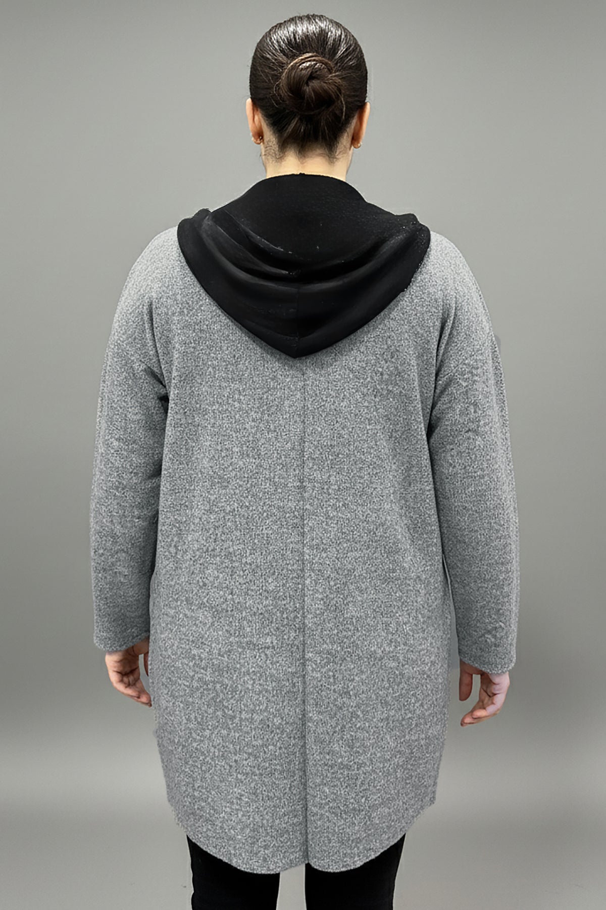 Büyük Beden Yumoş Kapşonlu File Detay Hırka Gri