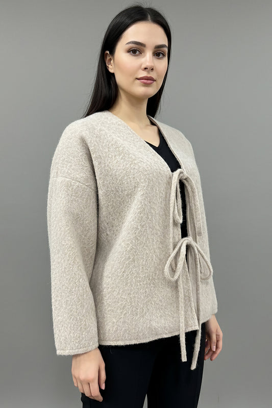 Büyük Beden Ön Bağlama Sakallı Kaşe Hırka Taş