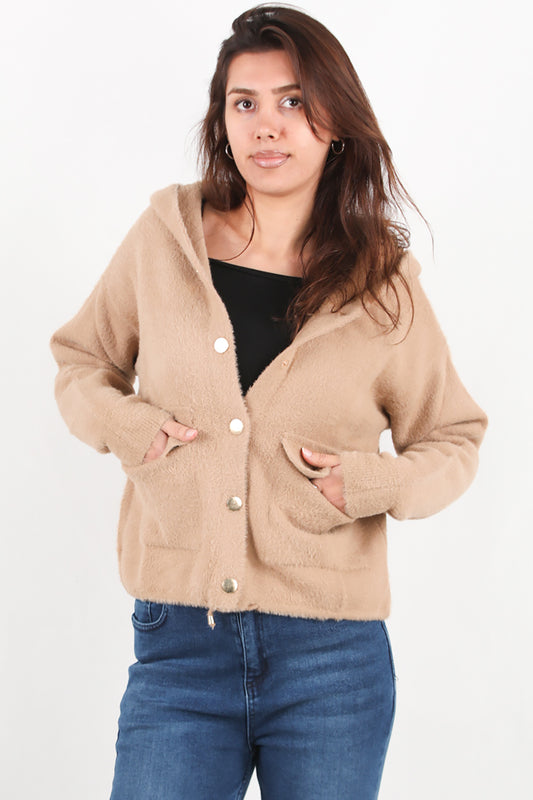 Fluffcardy Kadın Kapşonlu Ön Düğmeli Sakallı Hırka Bej