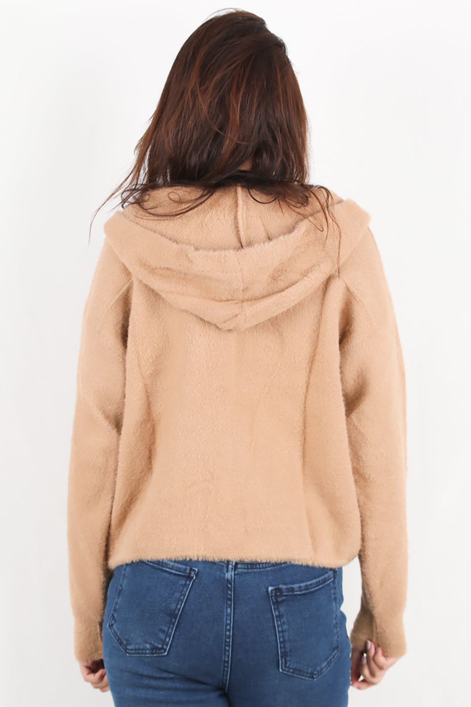 Fluffcardy Kadın Kapşonlu Ön Düğmeli Sakallı Hırka Bej