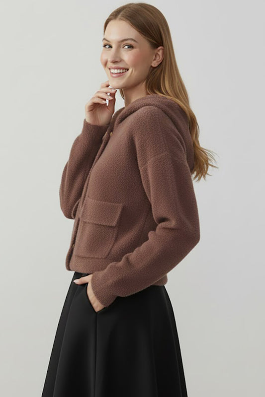 Fluffcardy Kadın Kapşonlu Ön Düğmeli Sakallı Hırka Kahverengi