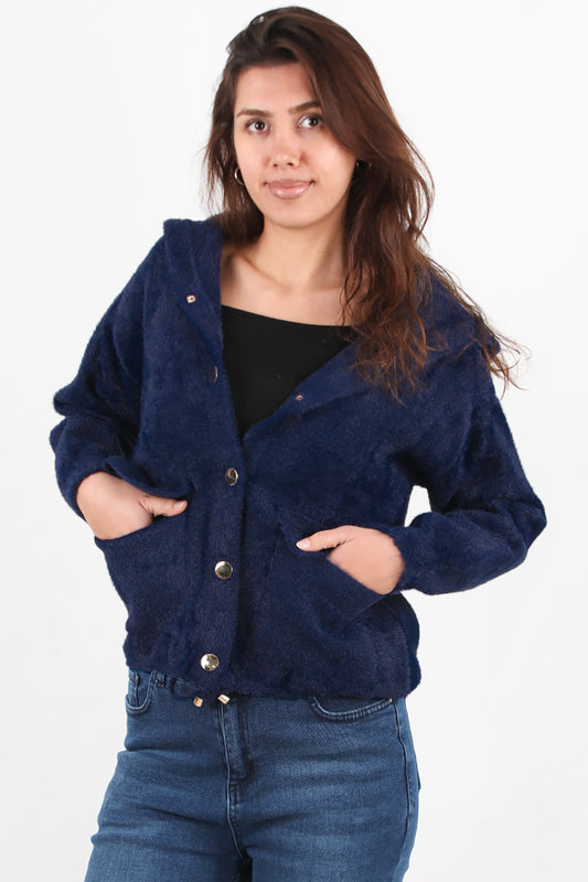 Fluffcardy Kadın Kapşonlu Ön Düğmeli Sakallı Hırka Lacivert