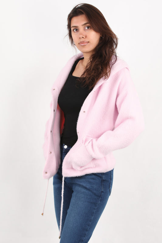 Fluffcardy Kadın Kapşonlu Ön Düğmeli Sakallı Hırka Pembe