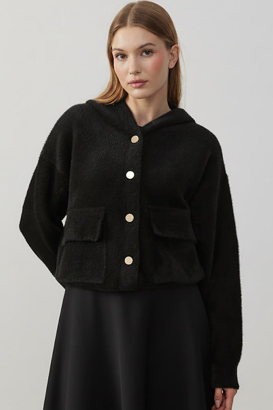 Fluffcardy Kadın Kapşonlu Ön Düğmeli Sakallı Hırka Siyah