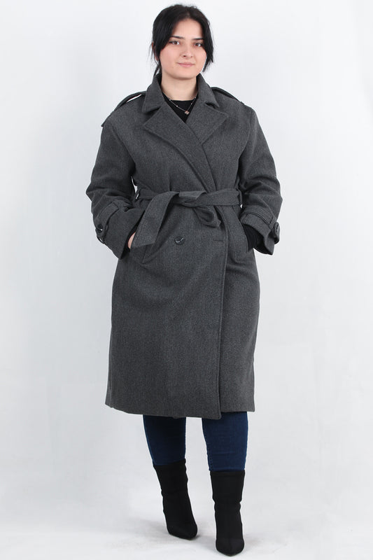 Woolen Büyük Beden Bel Kemerli Kaşe Kaban Antrasit