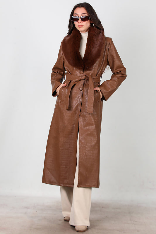 Kadın Timsah Desen Yakası Kürklü Uzun Deri Kaban Kahverengi