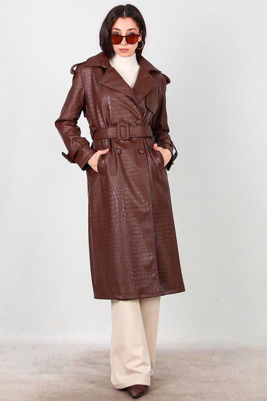 Kadın Kuşaklı Timsah Desen Uzun Deri Kaban Kahverengi