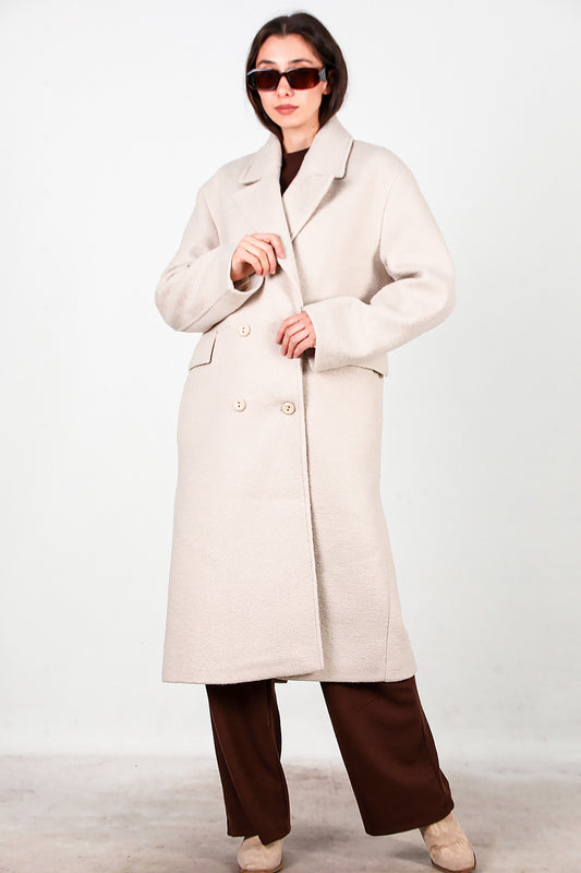 Kadın Önü Düğmeli Uzun Kaşe Kaban Taş