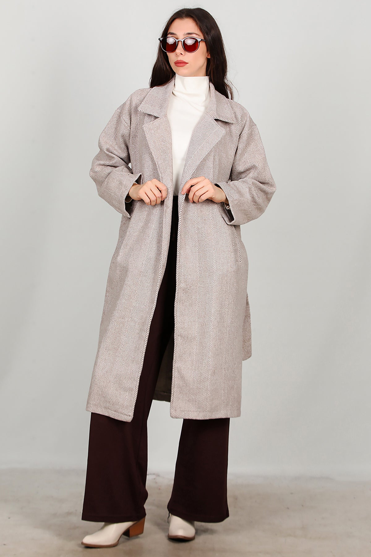 Kadın Uzun Kaşe Kaban Bej