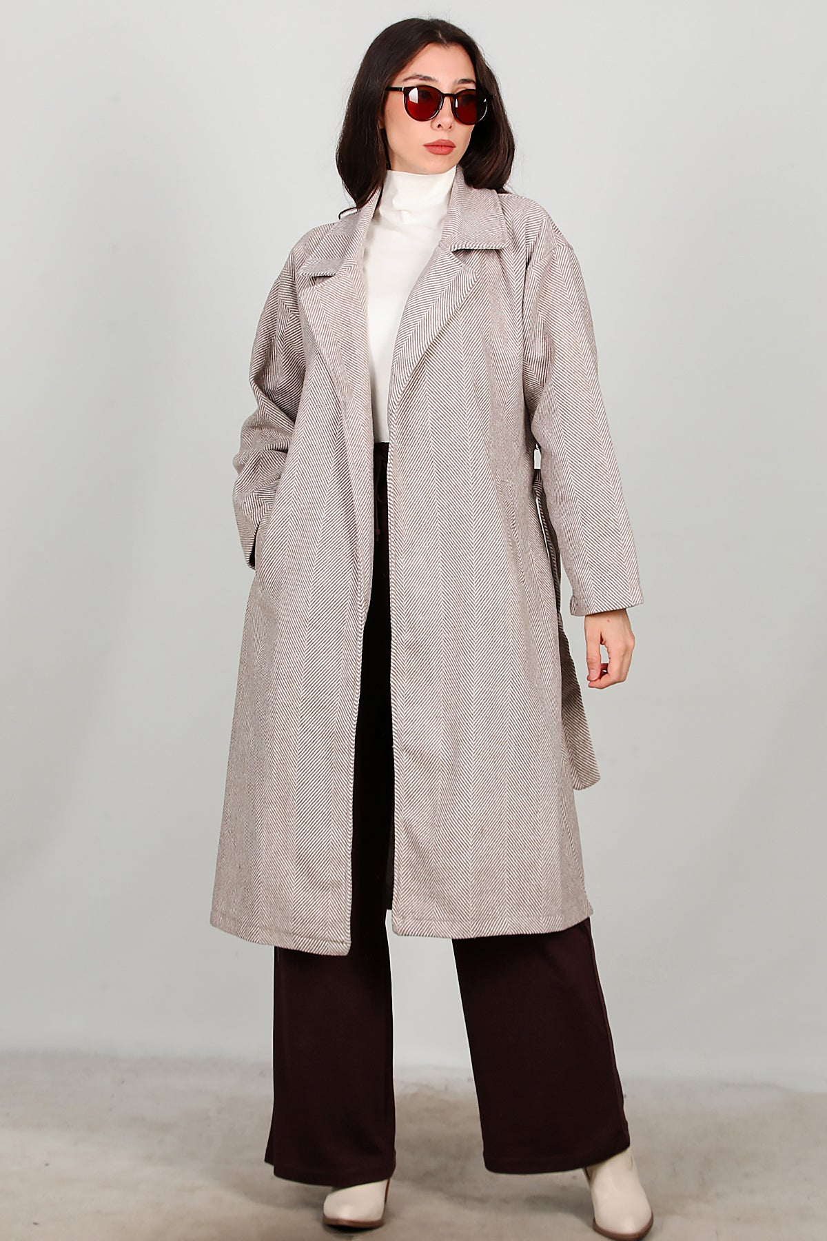 Kadın Uzun Kaşe Kaban Bej