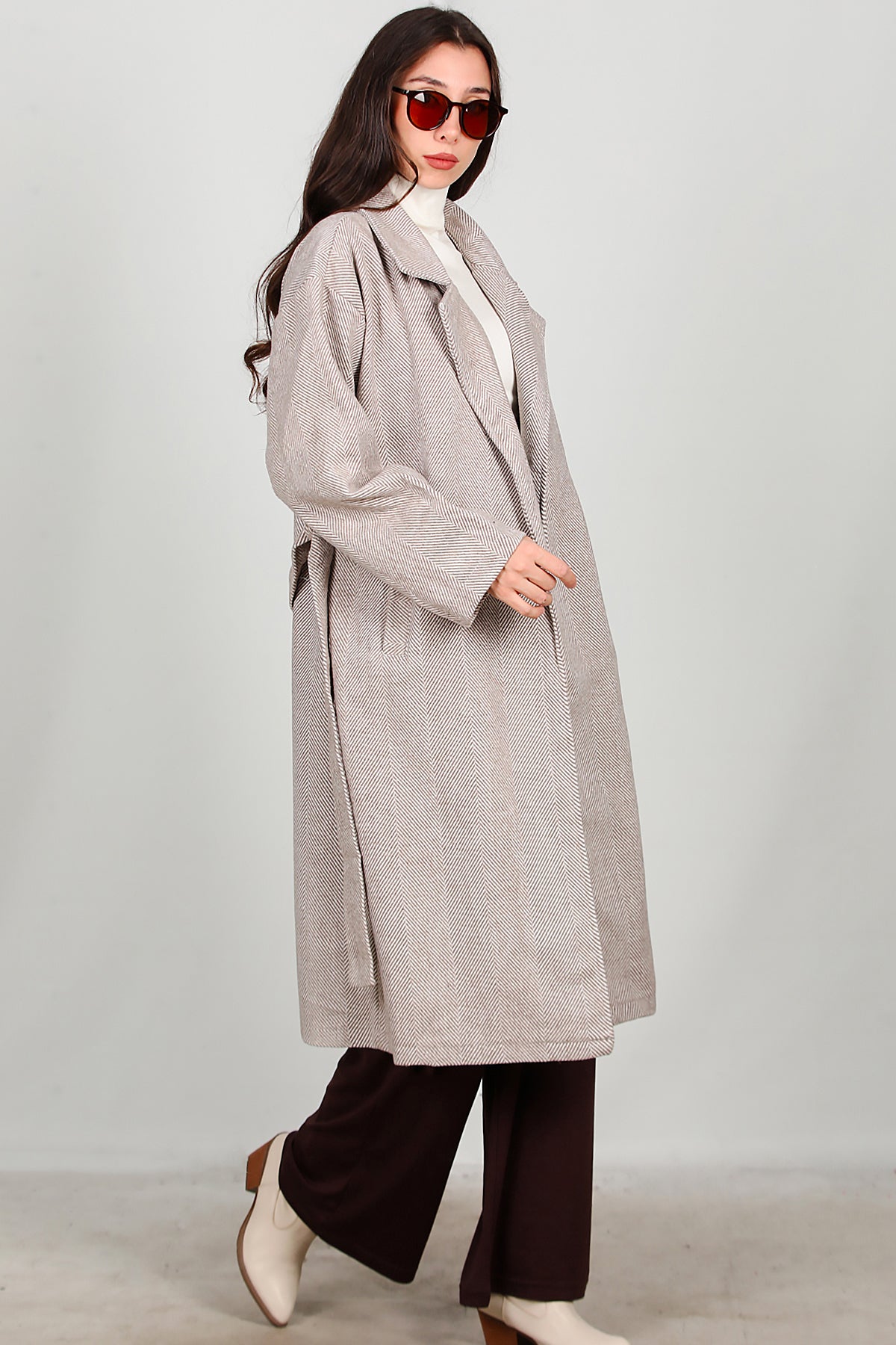 Kadın Uzun Kaşe Kaban Bej