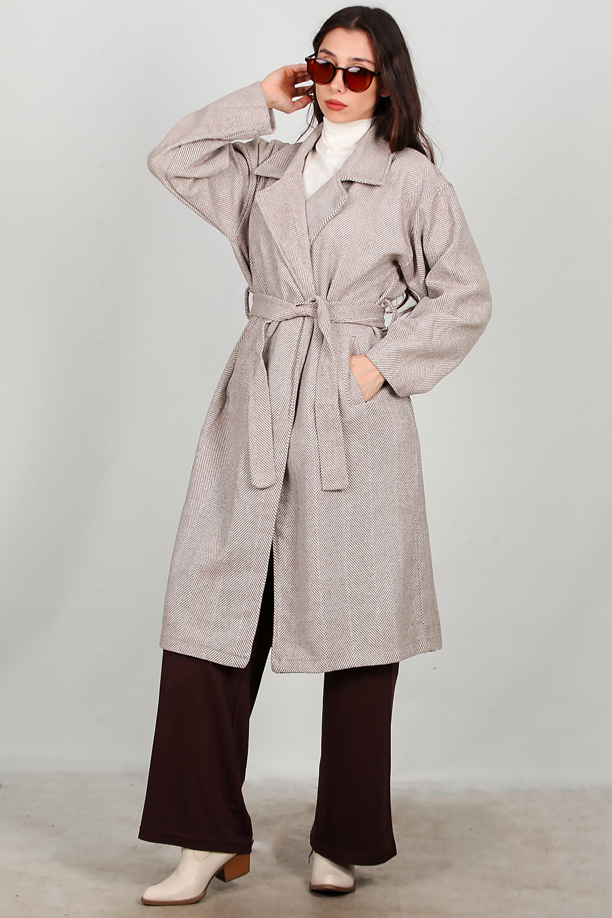 Kadın Uzun Kaşe Kaban Bej