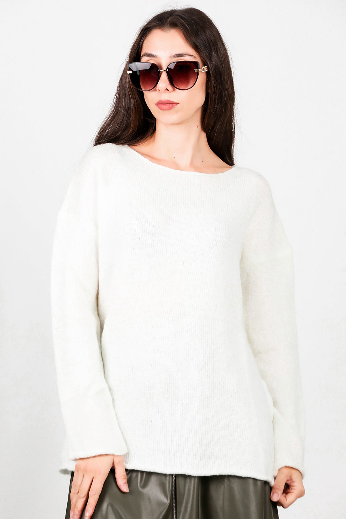 Kadın Oversize Triko Kazak Ekru